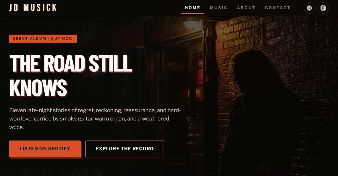 JD Musick website showing The Road Still Knows album launch
